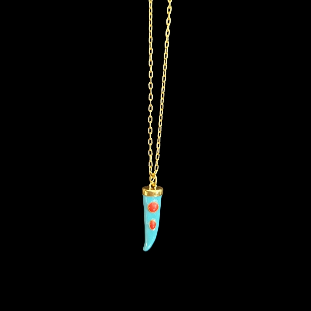 NWT - Italian Corno - Good Luck 18k Gold and Blue Horn Pendant Necklace 2 Dots